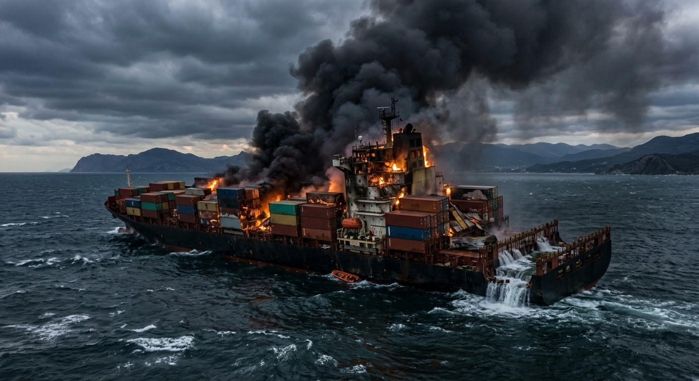 A cargo ship carrying containers is burning and sinking in the rough waters of the Black Sea under a dark, stormy sky, with thick black smoke rising from its deck.