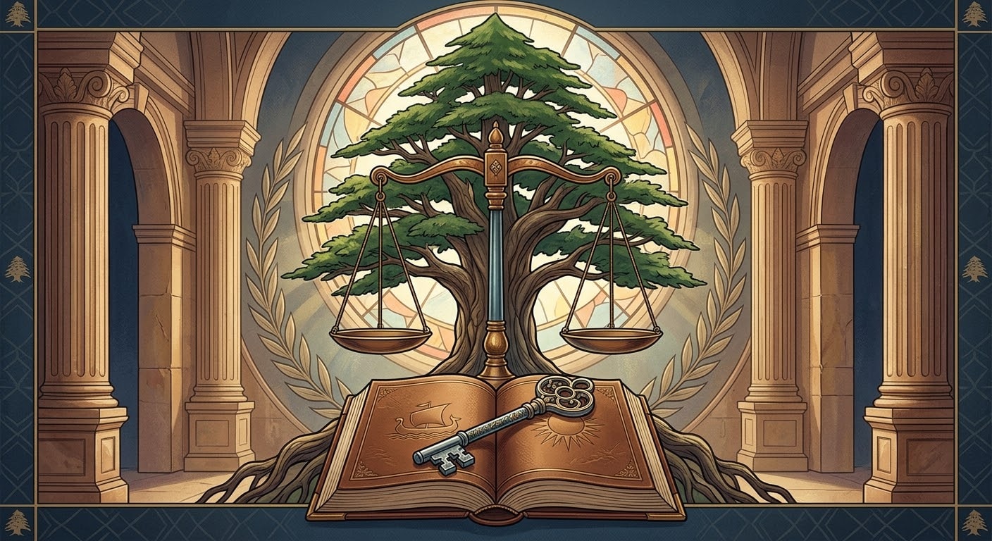 A symbolic legal illustration featuring a cedar tree with the scales of justice, an open book, classical pillars, and stained glass windows, without people or text.