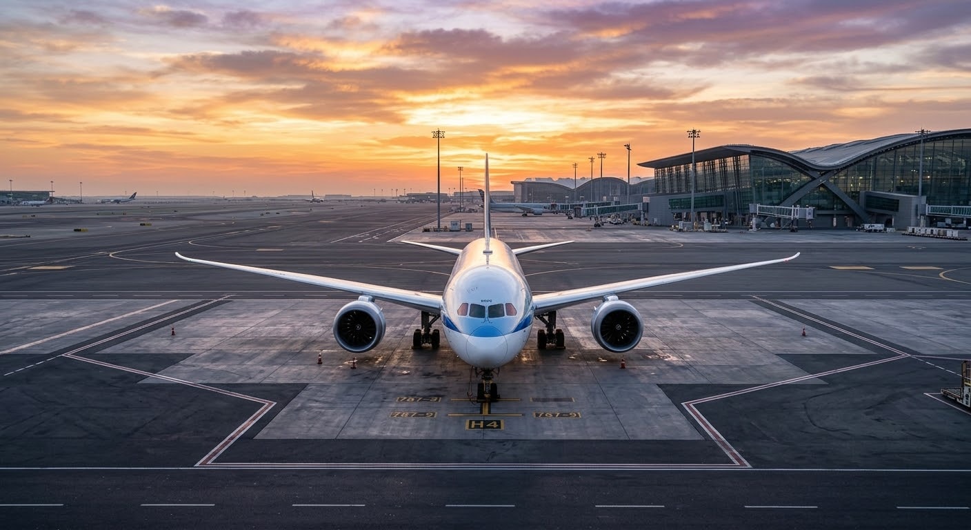 A modern wide-body commercial passenger jet parked on an airport tarmac in front of a modern terminal building during a golden sunset