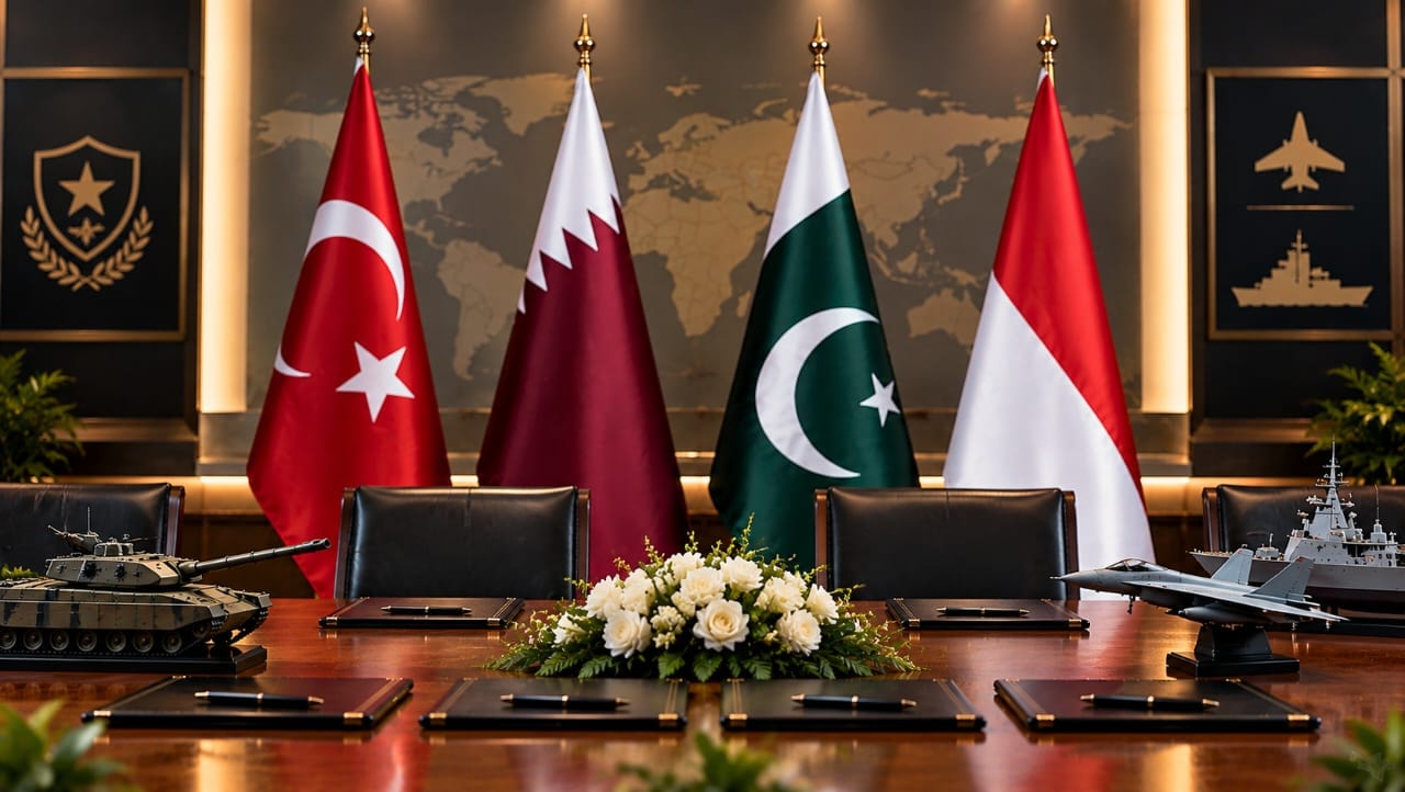 AI-generated illustration of a diplomatic conference room featuring the flags of Turkey, Qatar, Pakistan and Indonesia, with defense equipment models and agreement documents on a table, symbolizing defense cooperation among the four countries.