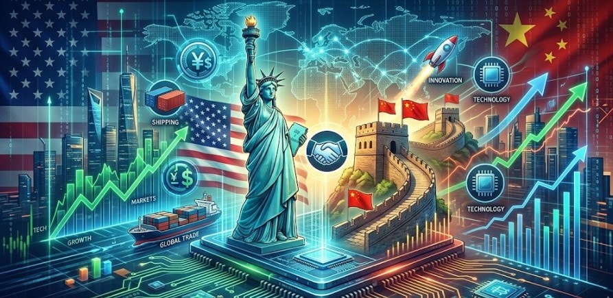 رمزين للولايات المتحدة والصين (علمي البلدين مع تمثال الحرية مقابل سور الصين العظيم) مع عناصر مالية حديثة في خلفية رقمية