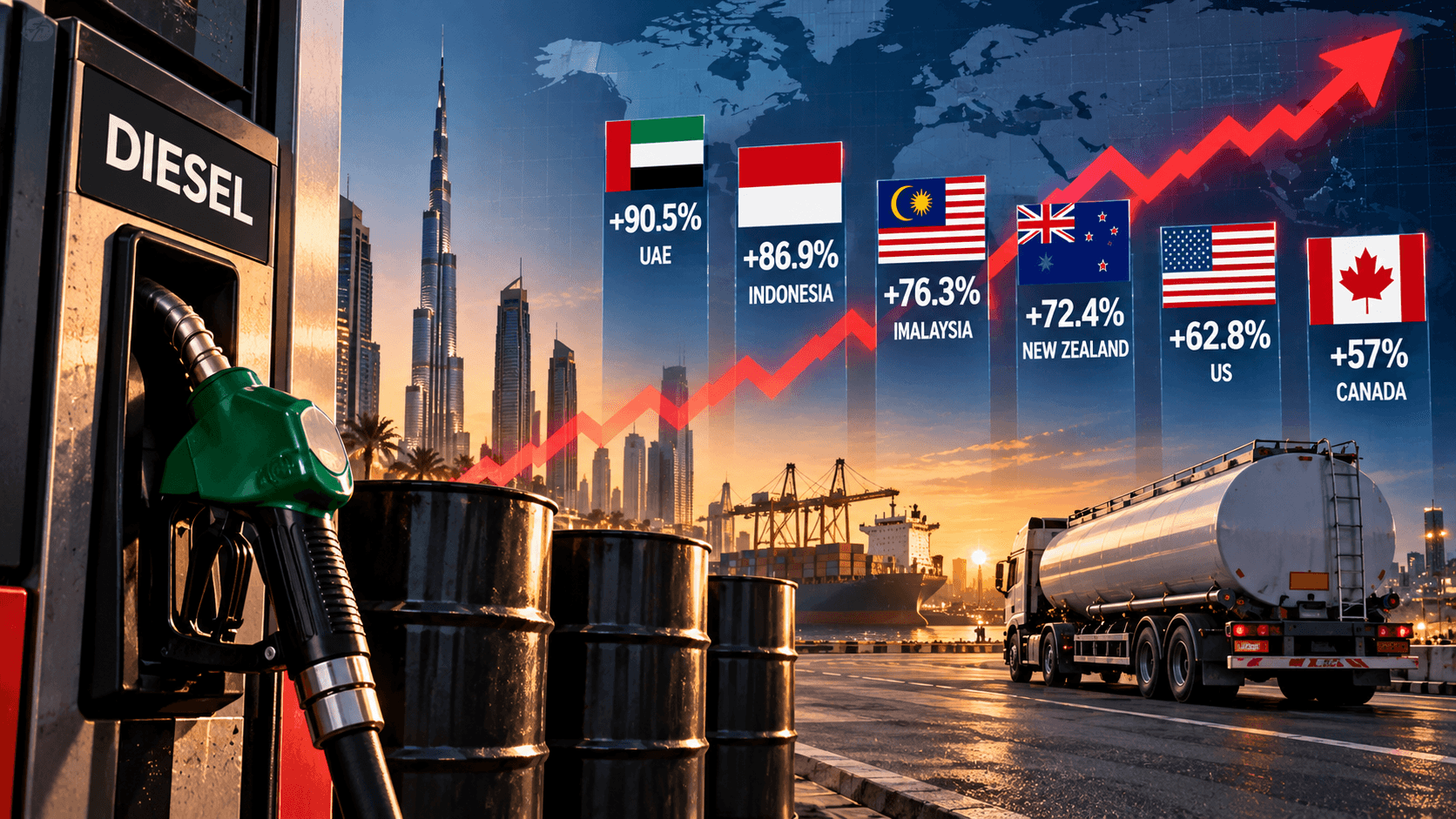 AI-generated illustration of rising global diesel prices, featuring a diesel fuel pump, oil barrels, a fuel tanker, and a chart showing price increases in the UAE, Indonesia, Malaysia, New Zealand, the US, and Canada.